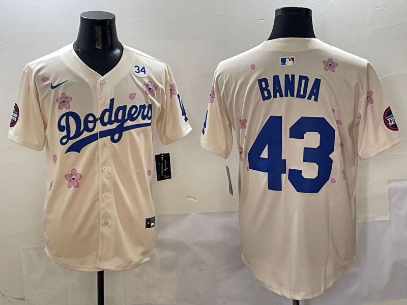 Men Los Angeles Dodgers #43 Banda Cream White Blue Sakura Edition 2025 Nike MLB Jersey style 8